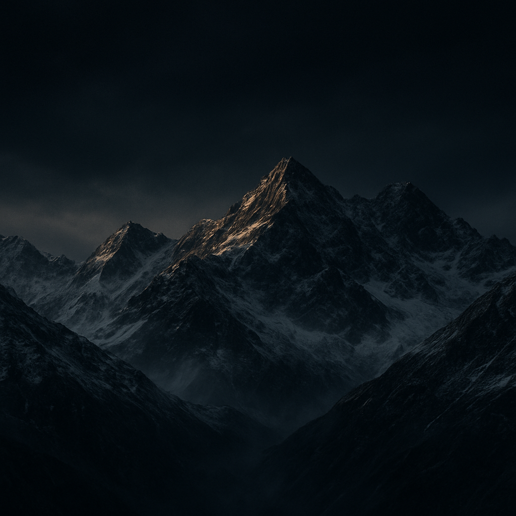 Snow-capped mountain peaks at dusk